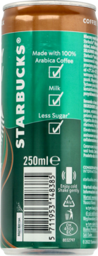 Tył zielono-brązowej puszki kawy Starbucks z 100% Arabicą, mlekiem i mniejszą ilością cukru, 250ml, widoczny kod kreskowy.