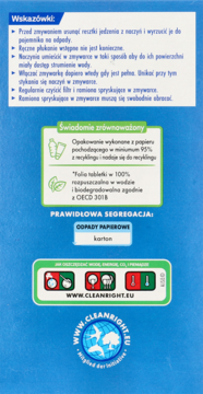 Tył niebieskiego opakowania Domol All-in-One tabletek do zmywarki z informacjami o recyklingu i użytkowaniu.