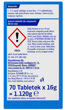 Tył niebieskiego opakowania Domol All-in-one, 70 tabletek do zmywarki, z listą składników i ostrzeżeniami.