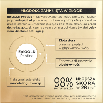 Infografika kremu Gold Peptides: działanie EpiGOLD Peptide, transport i bioaktywność w skórze, 98% skuteczności.
