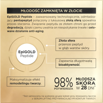 Infografika kremu Gold Peptides 60+ z peptydem EpiGOLD, ukazująca liftingujące działanie i obietnicę młodszej skóry w 28 dni.