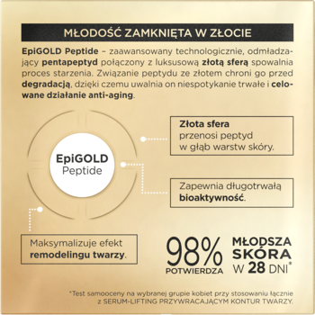 Diagram Eveline Gold Peptides: EpiGOLD Peptide, złota sfera, 98% młodsza skóra w 28 dni.