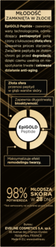Czarno-złota grafika Eveline, opisująca technologię EpiGOLD Peptide i „Młodość zamkniętą w złocie”.