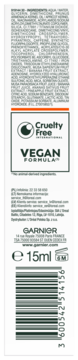 Tył opakowania kremu pod oczy Garnier Vitamin C, białe, z logo Cruelty Free, formułą VEGAN i kodem kreskowym.