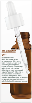 Garnier Skin Naturals serum nocne z witaminą C. Butelka z białym zakraplaczem i instrukcją użycia z boku.