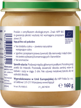 Tył szklanego słoika z ekologicznym musem HiPP BIO 160g. Etykieta wskazuje na brak dodanego cukru i konserwantów.
