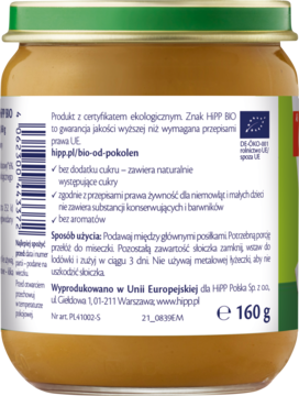 Tył słoiczka HiPP BIO z żółto-pomarańczowym musem, biała etykieta z certyfikatem, bez dodatku cukru, 160g.