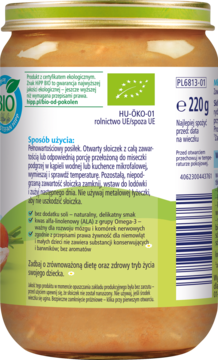 Tył słoiczka HiPP BIO, pełnowartościowy posiłek dla niemowląt 220g. Widoczne opisy i certyfikaty.