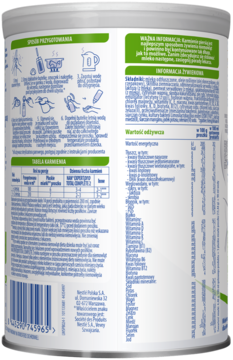 Tył puszki NAN EXPERTpro Total Complete 2, mleko następne, białe opakowanie z instrukcją przygotowania i tabelą karmienia.