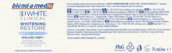 Blend-a-med 3D White Clinical Whitening Restore pasta do zębów w białym kartoniku, widok z przodu i boku z opisami.