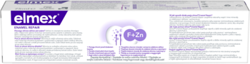 Tył białego opakowania pasty Elmex Opti-namel z fioletowym logo i ikonami Fe+Zn, opisuje ochronę przed kwasami.