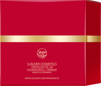 Tył czerwonego opakowania perfum S. Oliver Eau Intense ze złotym paskiem, napisem "Vegan" i danymi producenta.