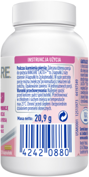 Tył białej butelki suplementu NanCare Lacto+ z różowo-niebieską etykietą, widoczne instrukcje i masa netto 20,9g.