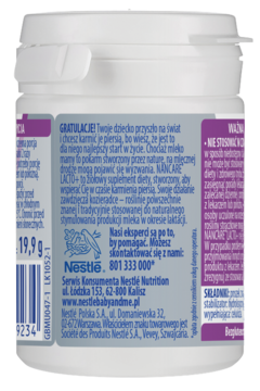 Tył białego opakowania suplementu Nan Care Mama Lacto+ z kozieradką, widoczny kod kreskowy i logo Nestlé.