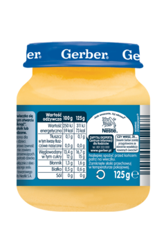 Tył szklanego słoiczka Gerber deserek jabłka banany morele 125g (dla niemowląt po 4 m-cu) z tabelą.