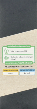 Etykieta Isana Men: Świadomie zrównoważony produkt, tuba z PCR, kartonik z odnawialnych źródeł, segregacja.