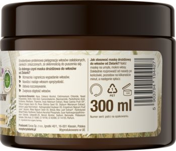 Tył brązowego słoika z drożdżową maską do włosów 300 ml, z czytelną etykietą i instrukcjami.