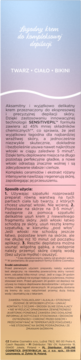 Pionowe opakowanie kremu do depilacji, łagodny, do twarzy, ciała i bikini, na gradientowym tle, polski tekst.