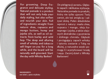 Tył opakowania modelującej pomady do brody Whisky Barber. Czerwona etykieta z opisem składu po polsku i angielsku.