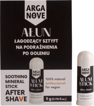 Arganove Alum Stick 5g, naturalny, antybakteryjny sztyft po goleniu w białej tubce, widok z przodu obok opakowania.