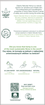 Cleanic Naturals Hemp, broszura reklamowa o wkładkach z konopi: antybakteryjne, biodegradowalne, vegan.