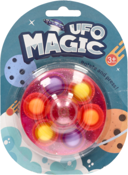 Zabawka zręcznościowa UFO MAGIC spinner pop it, okrągła, różowa z sześcioma kolorowymi bąbelkami, w blistrze.