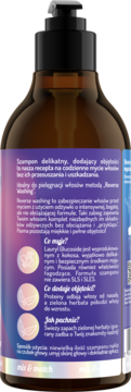 Tył brązowej butelki szamponu OnlyBio, delikatny, z zieloną herbatą i guaraną, do objętości włosów.