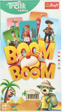 Boom Boom Treflik Family gra planszowa, kolorowe pudełko z postaciami i piramidami, wiek 5+, widok z przodu.