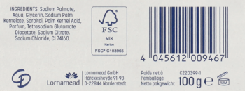 Tył opakowania mydła w kostce CD z listą składników, kodem kreskowym, symbolem FSC i wagą 100g.