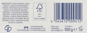 Tył opakowania mydła CD w kostce 100g, z listą składników, kodem kreskowym i certyfikatem FSC Mix.