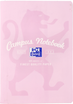 Różowy zeszyt Oxford Campus 60 kartek A4 z lwem, napisem "Campus Notebook" i logo Oxford.