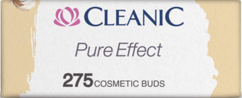 Front view Cleanic Pure Effect 275 cosmetic buds. White label with pink/blue logo and grey text on beige.