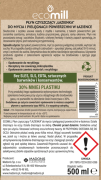 Tył ECOMILL Łazienka płyn Zielona Herbata 500ml, etykieta z instrukcją, składem, recyklingiem. Zielono-beżowa.