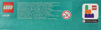 Tył pudełka LEGO 61739, turkusowy, z wielojęzycznym opisem, ostrzeżeniem i ikoną LEGO aplikacji.