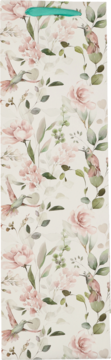 Elegancka papierowa torebka prezentowa, widok z przodu, wzór w różowe róże, kolibry i turkusowa rączka.