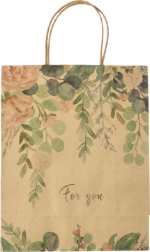 Elegancka brązowa torebka prezentowa z papieru, z kwiatowym motywem róż i zielonych liści, napis "For you".