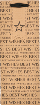Wysoka, brązowa papierowa torba prezentowa z powtarzającym się napisem "BEST WISHES", gwiazdą i czarnymi rączkami.