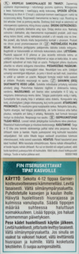 Zbliżenie na dolną część etykiety samoopalających kropli Garnier do twarzy, z białym tekstem instrukcji na zielonym tle.