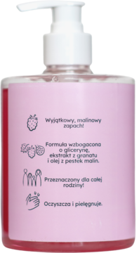 Tył malinowego mydła do rąk, różowa butelka z etykietą o zapachu malin, glicerynie, ekstrakcie z granatu i malin.