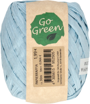 Błękitna rafia papierowa Goldina Go Green 30m, nawinięta na rolkę, z etykietą produktu widoczną z przodu.