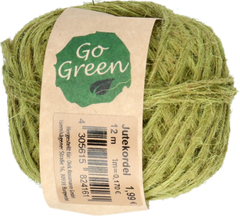Zielona, naturalna linka jutowa Go Green, 12m, zwinięta w motek, z widoczną papierową etykietą.