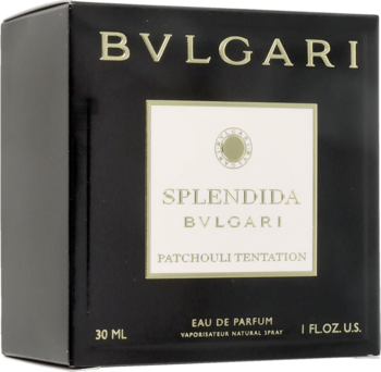 Czarny kartonik perfum Bvlgari Splendida Patchouli Tentation 30 ml, z kremową etykietą, widok z boku.