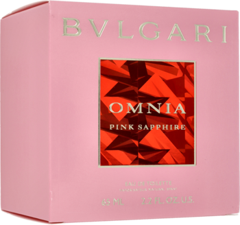 Bvlgari Omnia Pink Sapphire EDT w różowym pudełku z błyszczącym, czerwonym prostokątnym wzorem, widok z przodu.