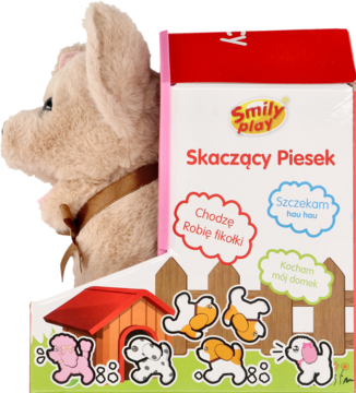 Beżowy pluszowy piesek Smily Play z brązową obrożą obok czerwonego pudełka "Skaczący Piesek", widok z boku.