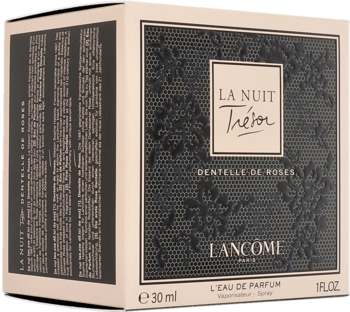 Pudełko Lancôme La Nuit Trésor Dentelle 30 ml EDP, kwiatowo-owocowe, z czarnym wzorem koronki, widok z przodu i boku.