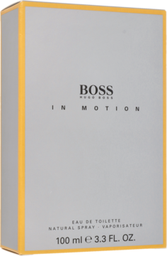 Pudełko Hugo Boss In Motion EDT 100ml, szaro-pomarańczowe, widoczne z przodu i z boku.