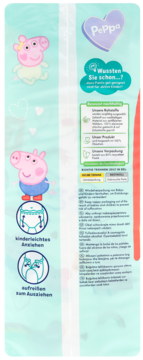 Tył opakowania pieluszek Peppa Pig, jasnoniebieskie tło z postaciami i instrukcjami zakładania/zdejmowania.