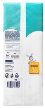 Tył opakowania pieluch Babynova: białe, z turkusowym pasem, logo FSC, kod kreskowy i wizerunek osiołka Babywelt.