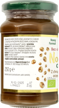 Tył słoika organicznego kremu orzechowo-kakaowego z chrupiącymi orzechami, widoczna etykieta ze składem.