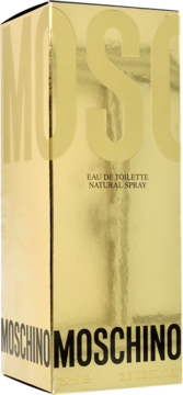 Złote, błyszczące pudełko wody toaletowej Moschino, widok pod kątem, z dużym złotym logo i czarnym tekstem 'Eau de Toilette'.